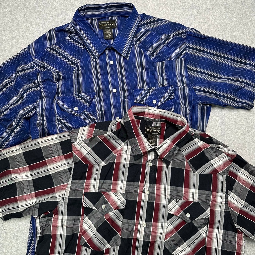 High Noon Mens Western Pearl Snap‎ Shirts Bundle XL Plaid and Striped 2 Pack